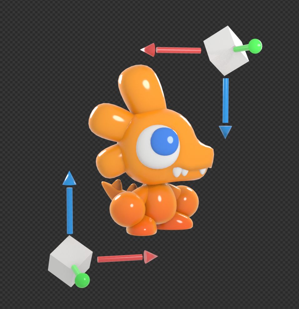 a cute 3d render of a dinosaur in the style of the orange white and blue logo for the free and open source 3d modeling software, blender, surrounded by 3d models depicting the blue, red, and green 3d gizmo axis around rotated, grey, default cubes