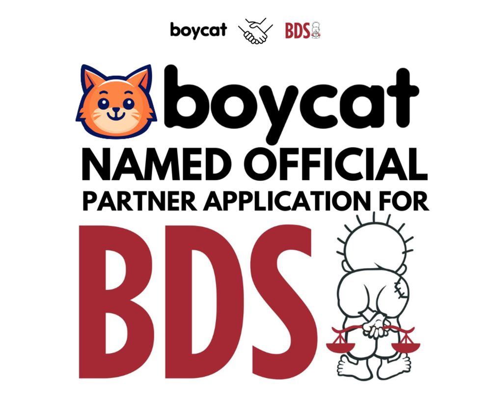 Boycat named official partner application for BDS – Next to "BDS" in read is Handala, the iconic drawing by Palestinian political cartoonist Naji al-Ali of a young Palestinian refugee, here shown holding red scales of justice in his hands and next to "boycat" is the smiling cat face logo for boycat. 