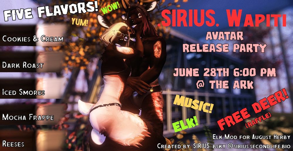 Promotional poster featuring Second Life avatars and information regarding a release party at The Ark. Date is June 28th at 6:00 PM. The avatar comes with five color options and will be available for sale at the party and SEcond Life Marketplace.