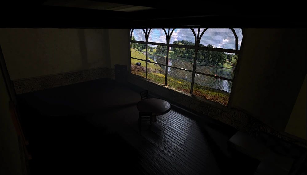 A screenshot from the game Lethal Company, depicting a room in the mansion layout. The windows are monitor screens displaying a multipane image of a grassy plane. There is a range of trees in the background and a large pond can be seen in front of them. The sky is blue with a few clouds in it.
