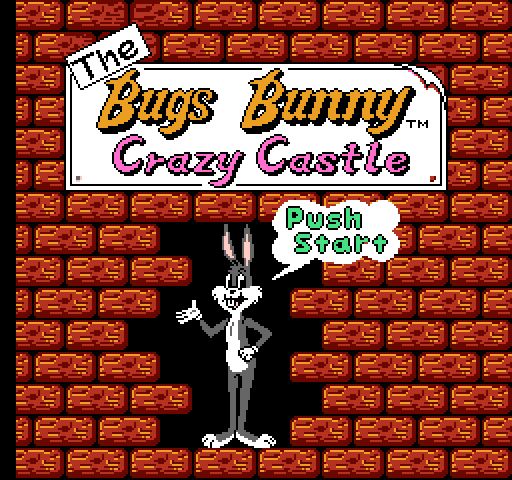 An image of the title screen for Bugs Bunny's Crazy Castle on the NES.

The image is comprised of a wall of red bricks, with a large opening in the middle and a sign at the top that says "The Bugs Bunny Crazy Castle." Bugs Bunny can be seen standing within the opening saying "Push Start."