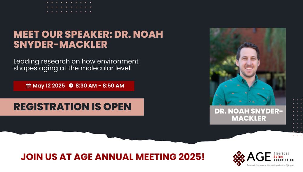 📣 Meet Our Speaker: Dr. Noah Snyder-Mackler
Get ready to be inspired at the AGE Annual Meeting 2025 by Dr. Noah Snyder-Mackler, Associate Professor in the School of Life Sciences at Arizona State University and Core Faculty in the Center for Evolution and Medicine.
Dr. Snyder-Mackler’s pioneering research bridges evolutionary biology, social behavior, and molecular medicine, focusing on how environmental and social factors—like social status, stress, early-life adversity, and natural disasters—influence gene expression, immune aging, and overall health trajectories.
Through in-depth studies of nonhuman primates and large-scale longitudinal research, he uncovers how our lived experiences are biologically embedded, impacting how we age and our risk for disease. His work is featured in leading journals such as Nature Communications, PNAS, and eLife, and continues to shape the future of aging and environmental health research.
📍 Don’t miss his session, “Environmental Modifiers of Molecular Aging Within and Across Individuals,” during our Primate and Translation track. Gain critical insights into how non-genetic factors drive molecular aging and longevity potential.
🗓️ Date: May 12, 2025
🕝 Time: 8:30 AM - 8:50 AM
📍 Location: Tikahtnu Ballroom, Dena’ina Civic and Convention Center, AnchorAGE, Alaska
🔗 Registration is open—join leading voices in aging research and secure your spot today:
https://bit.ly/4cJx8Gd
#AGEAnnualMeeting2025 #MeetOurSpeakers #NoahSnyderMackler #AgingResearch #EnvironmentalHealth #MolecularAging #Epigenetics #Geroscience #HealthyAging #PrimateScience #LongevityScience #ASU #EvolutionaryMedicine #ScientificLeadership #AnchorAGEAlaska