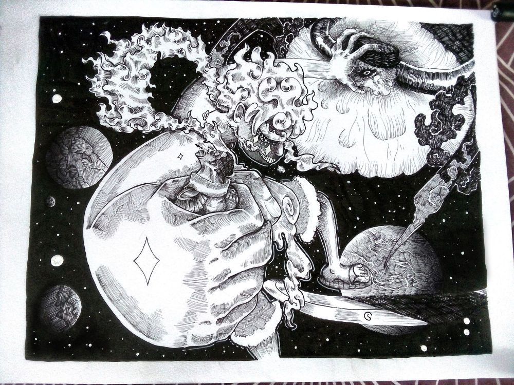 Dans l'espace avec des planètes, Luffy gear 5 géant qui tient dans sa main Kizaru et de l'autre main Saturne dans son zoan mythique démoniaque.