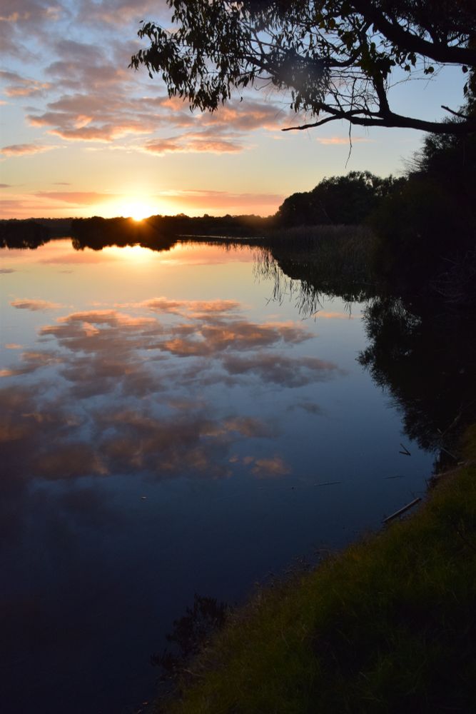 Sunrise with the bright horizon and orange-pink clouds reflected in the still water of a lake. 