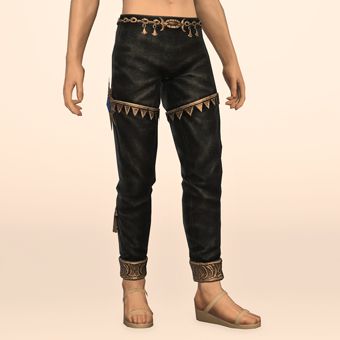 The Etoile Bottoms on a male midlander. They're tight, with metal embellishments around the thighs and ankles. 
