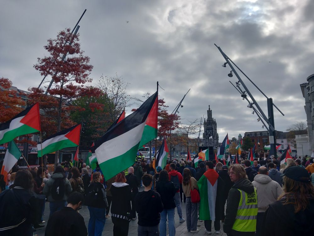 An anti-racist and Palestine solidarity march in Cork City, Ireland. Palestinian and Irish flags wave over a crowd gathered in an open square; autumnal trees and a national monument make up the background