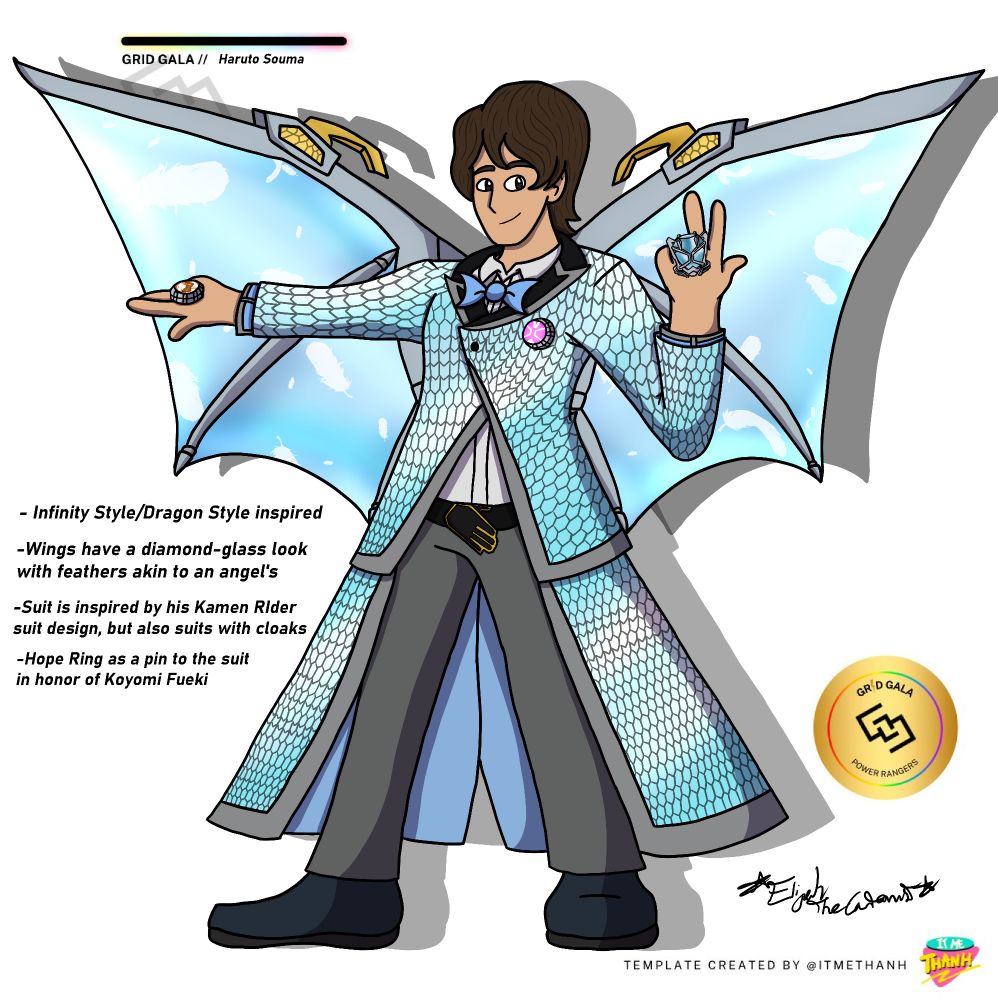 Haruto Souma, from Kamen Rider Wizard, in a suit that's inspired by his Rider forms with dragon scales and a diamond shine to it. Dragon wings with a shiny plate featuring white feathers akin to an angel's wings