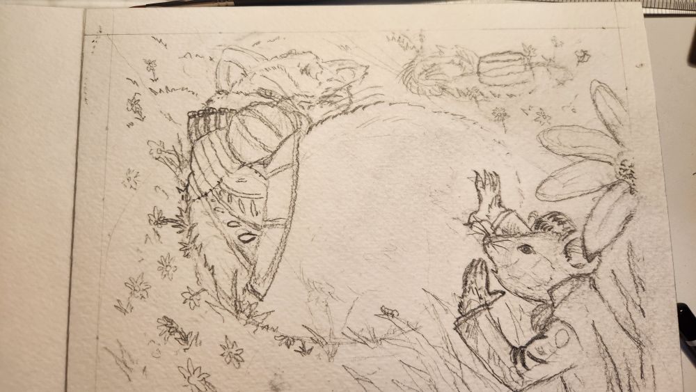 Cat wearing doublet style laying in field of grass and flowers being called to by a small mouse wearing 19th century coat in the foreground. the cats feathered wide brim hat lays on the grass further up the image . the petals of a flower in the foreground before the mouse show in larger size for depth of the image and size difference of the characters.