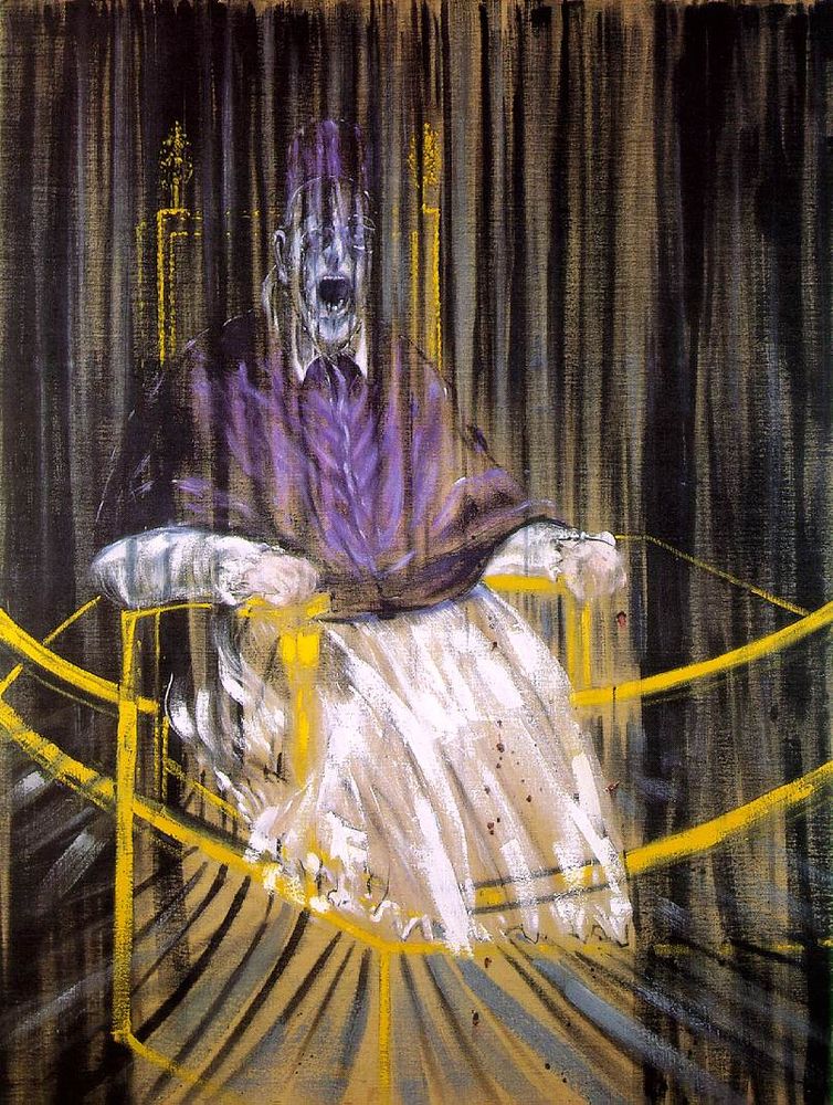 Francis Bacon's "Study after Velázquez's Portrait of Pope Innocent X", a painting that refers to Diego Velázquez's "Portrait of Pope Innocent X" (a normal papal portrait) but reimagines it as a man in purple papal garments screaming in a void, with dark stripes of paint making it appear as if he is being dematerialized into nothingness.
