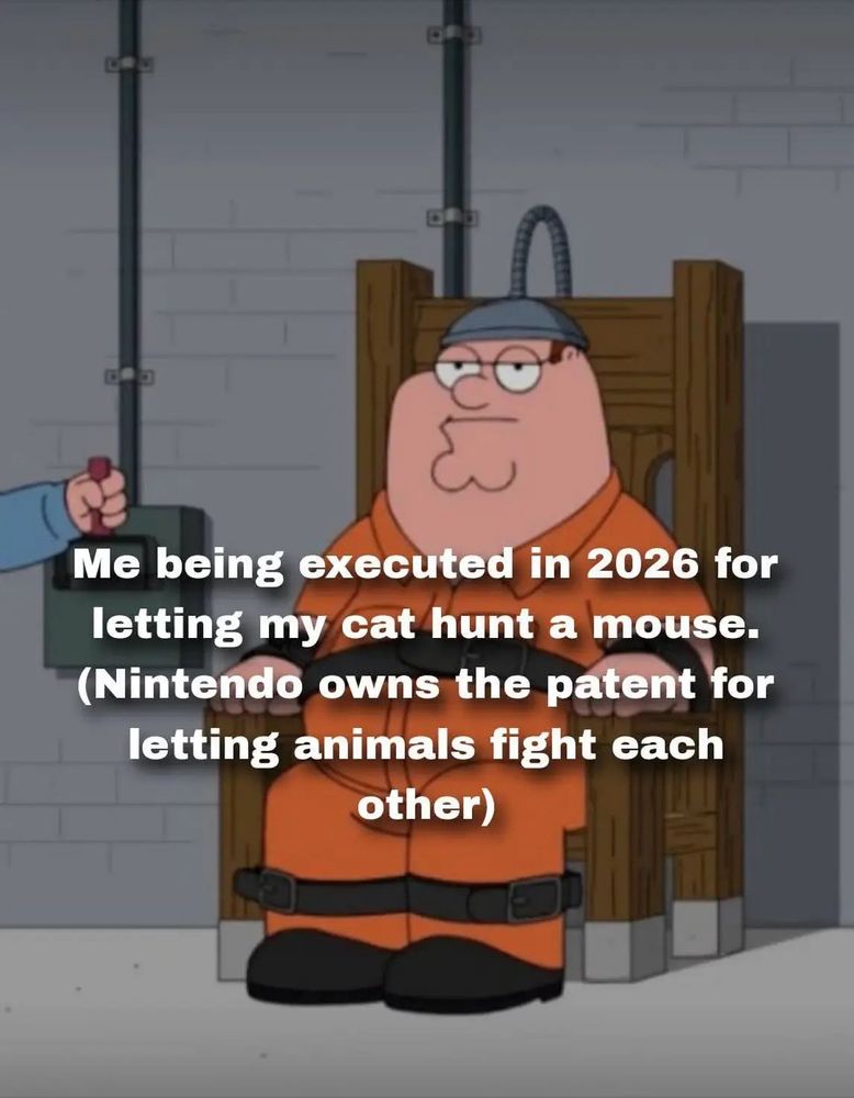 Peter griffin is in a wooden electric chair with the words overplayed: Me being executed in 2026 for letting my cat hunt a mouse.
(Nintendo owns the patent for letting animals fight each other)