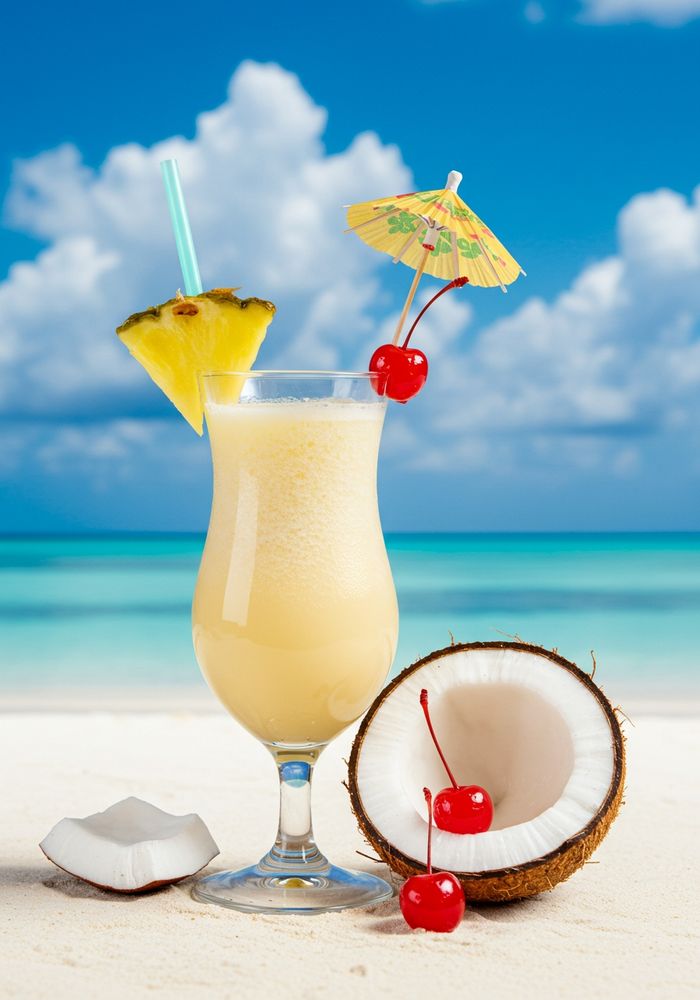 Refreshing Piña Colada cocktail on a tropical beach, served in a hurricane glass with pineapple slice, maraschino cherries, paper umbrella, and fresh coconut, against turquoise ocean and blue sky with fluffy clouds.