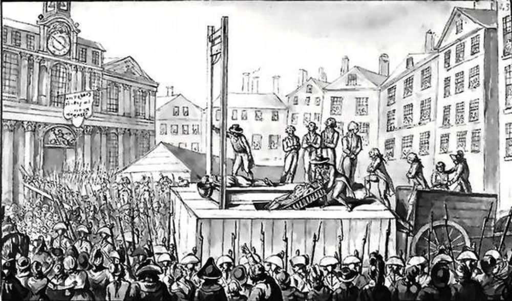 Black and white drawing of guillotine being used in European city with crowd and soldiers surrounding it.
