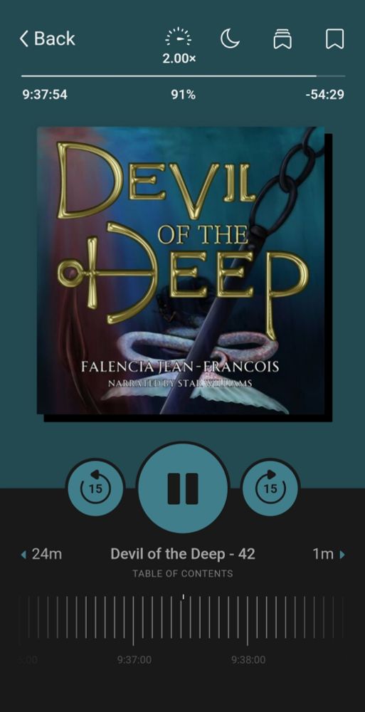 Screenshot of Devil of the deep by Falencia jean-francois at 91% read as audiobook 