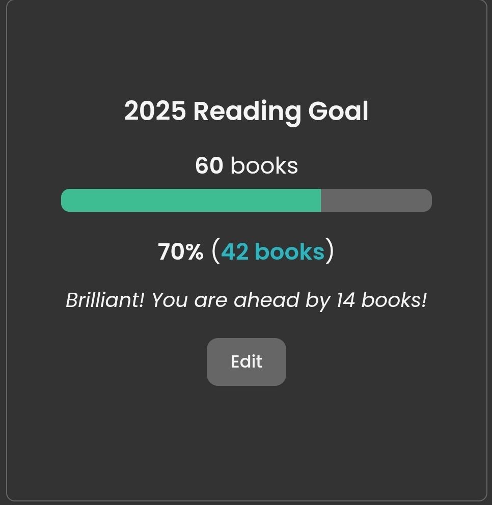 2025 Reading Goal
Total: 60 books
Currently: 42 books (70%)
Tagline: Brilliant! You are ahead by 14 books!