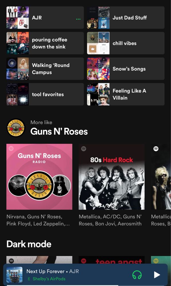 A screenshot of Nova’s Spotify homepage. Their most recently played playlists are called “AJR, pouring coffee down the sink, walking around campus, tool favorites, just dad stuff, chill vibes, Snow’s songs, and feeling like a villain.” Nova has hard rock and alt music recommended for them. Their most recently played song is “Next Up Forever” by AJR