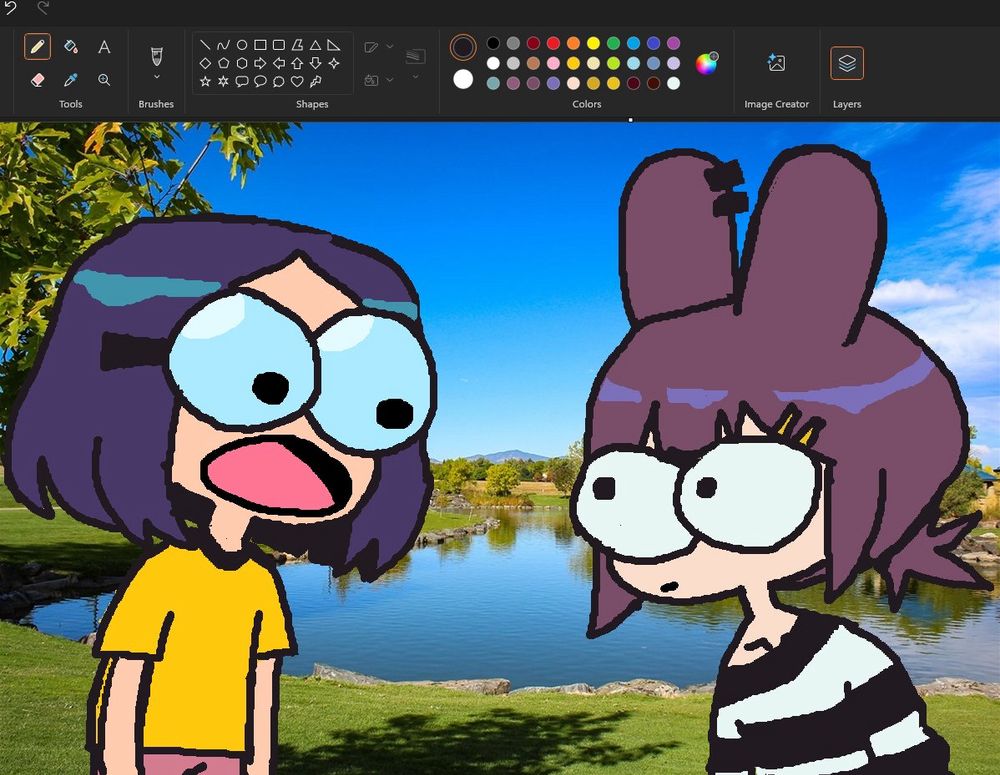 gogo from punch punch forever staring mouth open at a bunny girl who is staring back. they are by a lake in a park it's drawn in mspaint