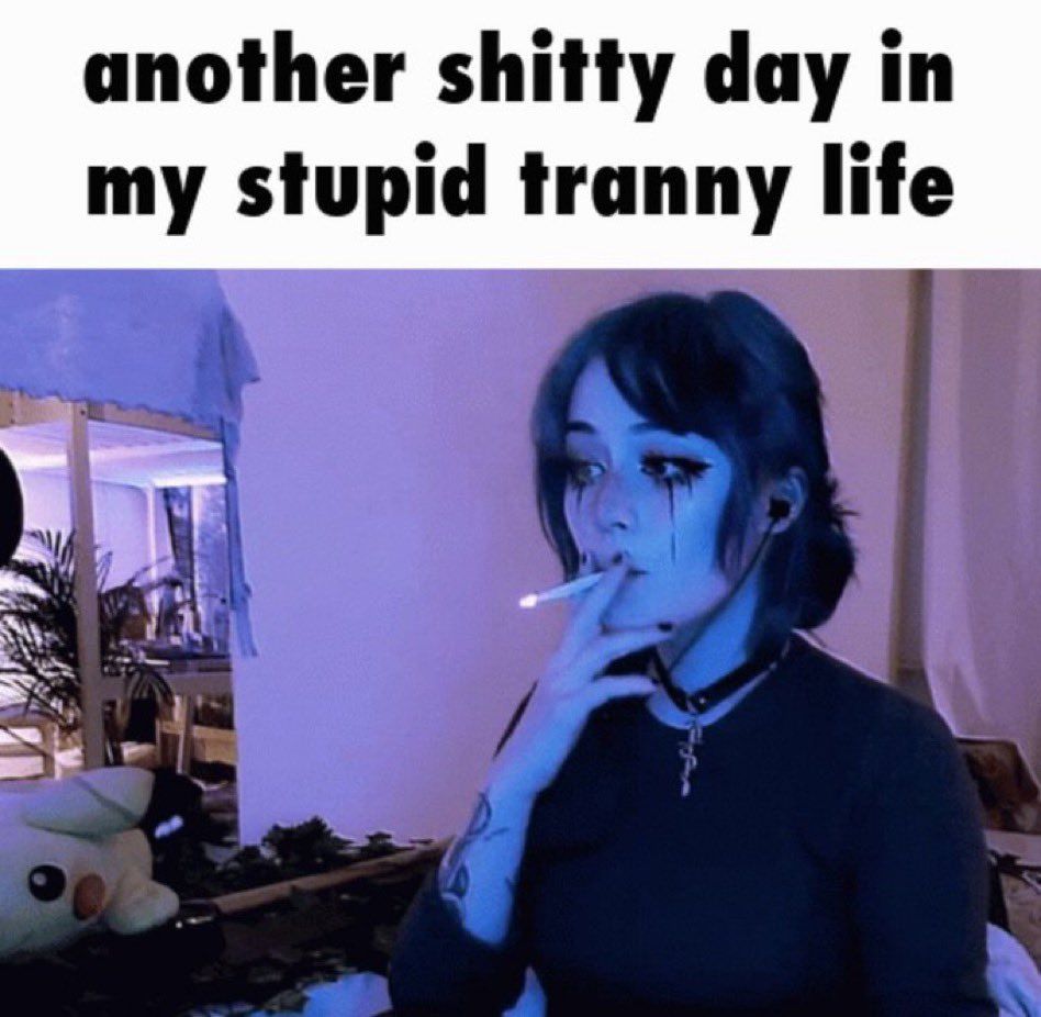 Meme "another shity day in my stupid tranny life" avec une photo d'une jeune femme qui fume, le maquillage qui coule