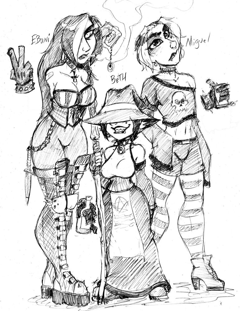3 magic students dressed in goth outfits. Eboni, Beth, and Miguel.

goths, mages, witch, wizard, armless, no arms, fem boy