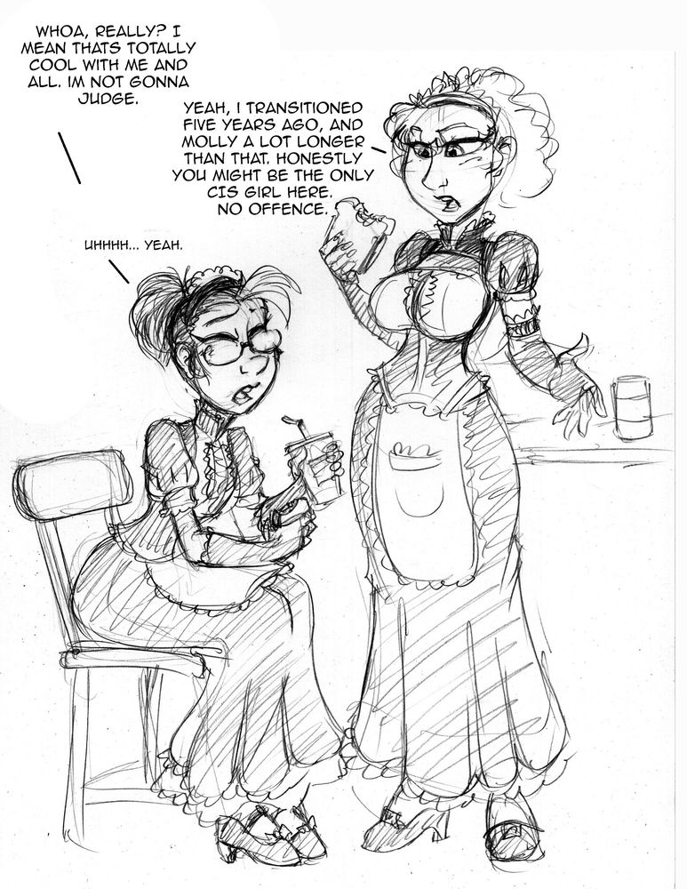 Sammi in female form talks to another maid at the cafe and finds out that she and most of the other girls are all Trans women, and Sam might be the only Cis girl there.

TGTF, TG, Trans, MtF, 