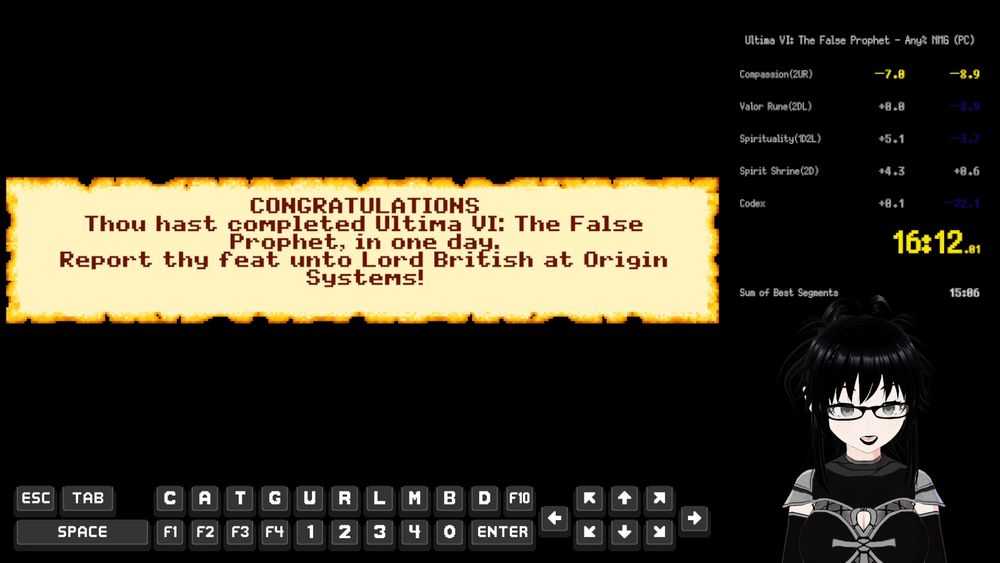 Screenshot of a stream showing the end screen of Ultima 6 for the PC with a timer that shows 16 minute 12 seconds.