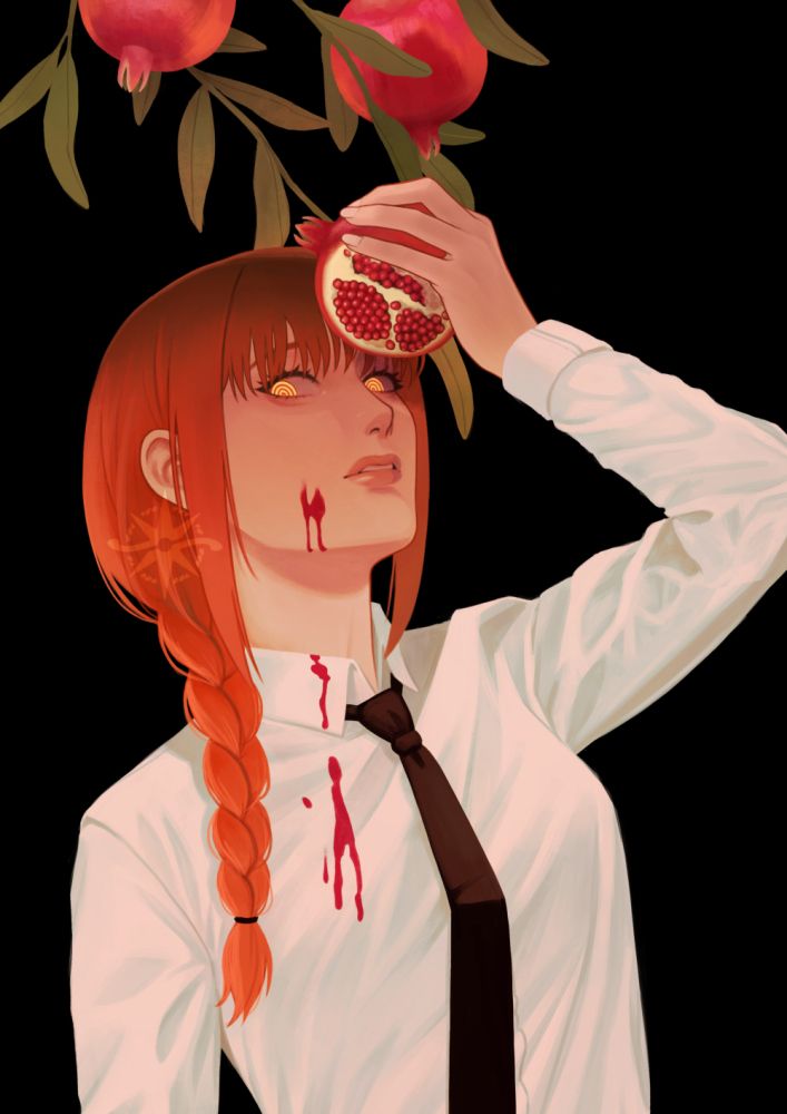 an illustration of makima from chainsaw man. she is in her public safety dress shirt and tie and holding an open pomegranate in her left hand, lifted slightly above her face. pomegranate juice is dripping from her cheek and down to her shirt, staining it. she is looking directly at the viewer, her eyes a bright yellow in contrast to the shadow of her face. there are two more pomegranates above her head and some leaves. the illustration is against a black solid background