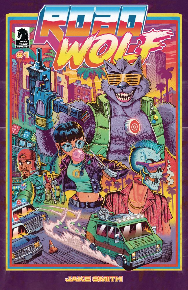 The very 80s-pilled cover to RoboWolf by Jake Smith. Think a modern take of 80s aesthetics smashing headfirst into the 80s TMNT style boom. There is a robo wolf. A british skeleton man what smokes. A youg woman with sais. A legitimate tech hacker guy. Give it neon Miami sunset tones and dust it with cocaine. That's... roughly the image.