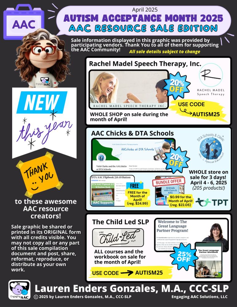 This is a digital flyer for Autism Acceptance Month 2025, specifically focused on AAC resource sales. Here's a summary of what's included:
The flyer is titled "AUTISM ACCEPTANCE MONTH 2025 - AAC RESOURCE SALE EDITION" for April 2025, created by Lauren Enders Gonzales, M.A., CCC-SLP.
Featured sales include:

Rachel Madel Speech Therapy, Inc.

20% off the whole shop during April
Use code "AUTISM25"

AAC Chicks & DTA Schools

20% off the whole store for 3 days (April 4-6, 2025)
205 products available
Special offers:

DTA AAC Flipbook 2.0 (10 Button Book) - FREE for the month of April (reg. $24.99)
Bundle offer: Animals with Core & AAC - $0.99 for the month of April (reg. $22.05)

The Child Led SLP

25% off all courses and the workbook for April
Use code "AUTISM25"
Features "The Great Language Partner Program" and workbook

The flyer includes a note that it can be shared or printed in its original form with all credits visible but cannot be copied, reformed, or distributed as one's own work.
The flyer acknowledges participating vendors for supporting the AAC community and notes that all sale details are subject to change. 