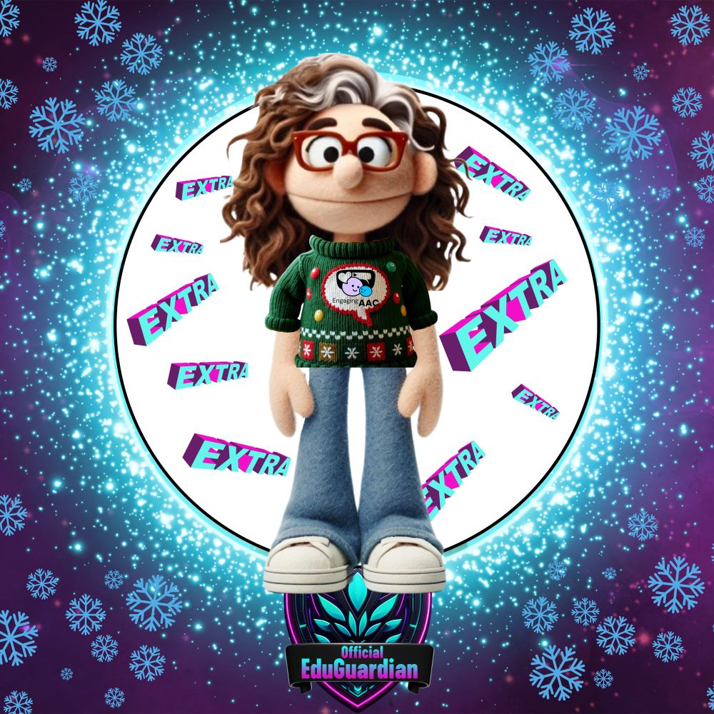 This image shows an animated or puppet-style character with curly brown hair wearing red-framed glasses. The character is dressed in a festive green sweater with what appears to be an AAC (Augmentative and Alternative Communication) symbol or logo on it, along with holiday decorations like snowflakes. They're wearing blue jeans and white sneakers.

The character is positioned in a circle with the word "EXTRA" repeated multiple times around them in purple and blue 3D text. The background features a sparkly blue glow effect and purple borders with blue snowflake designs. At the bottom, there's a shield-shaped emblem labeled "Official EduGuardian" in neon blue and purple colors.