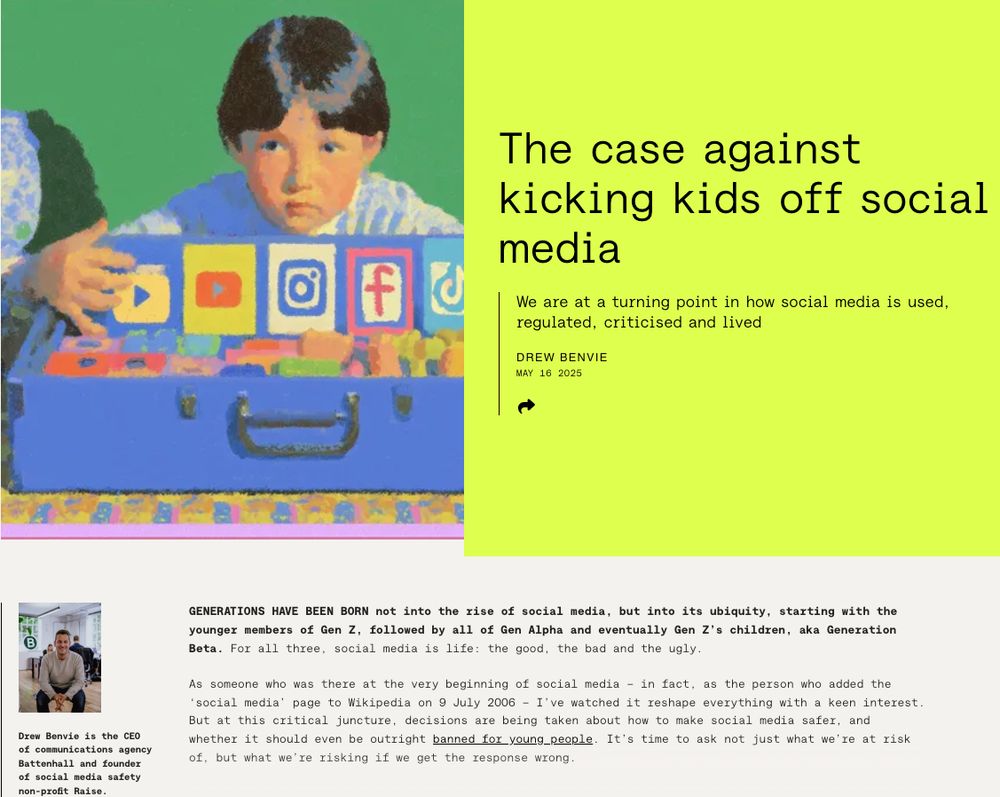 Screenshot of online article entitled "The case against kicking kids off social media".