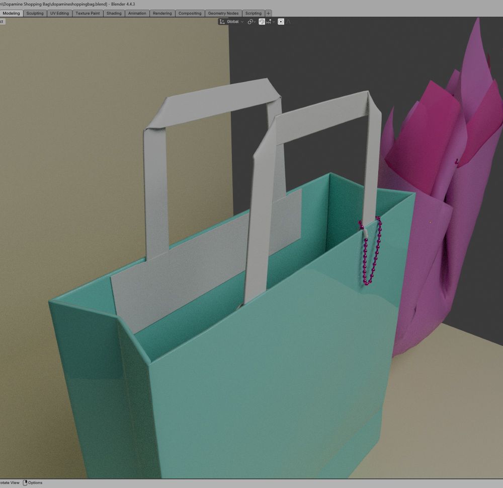 shopping bag render created in Blender 3d software, light blue shopping bag with 2 plys of hot pink tissue paper sticking out of the bag, bag has flat loop style handles, a ball chain is hanging off one side of the handle