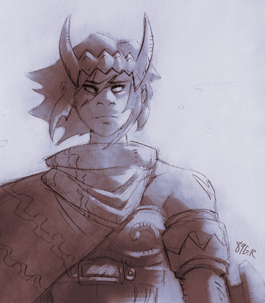 Alouette facing the viewer with her eyes looking off to the right. The off-screen sun lights her up and shadows the other half of her. Alouette is wearing a large cape with a jagged pattern over the right half of her body, and her armor consists of a headdress / crown shaped like horns, a gauntlet, and a metallic breastplate with a fastening belt. She has a scar diagonally across her face.