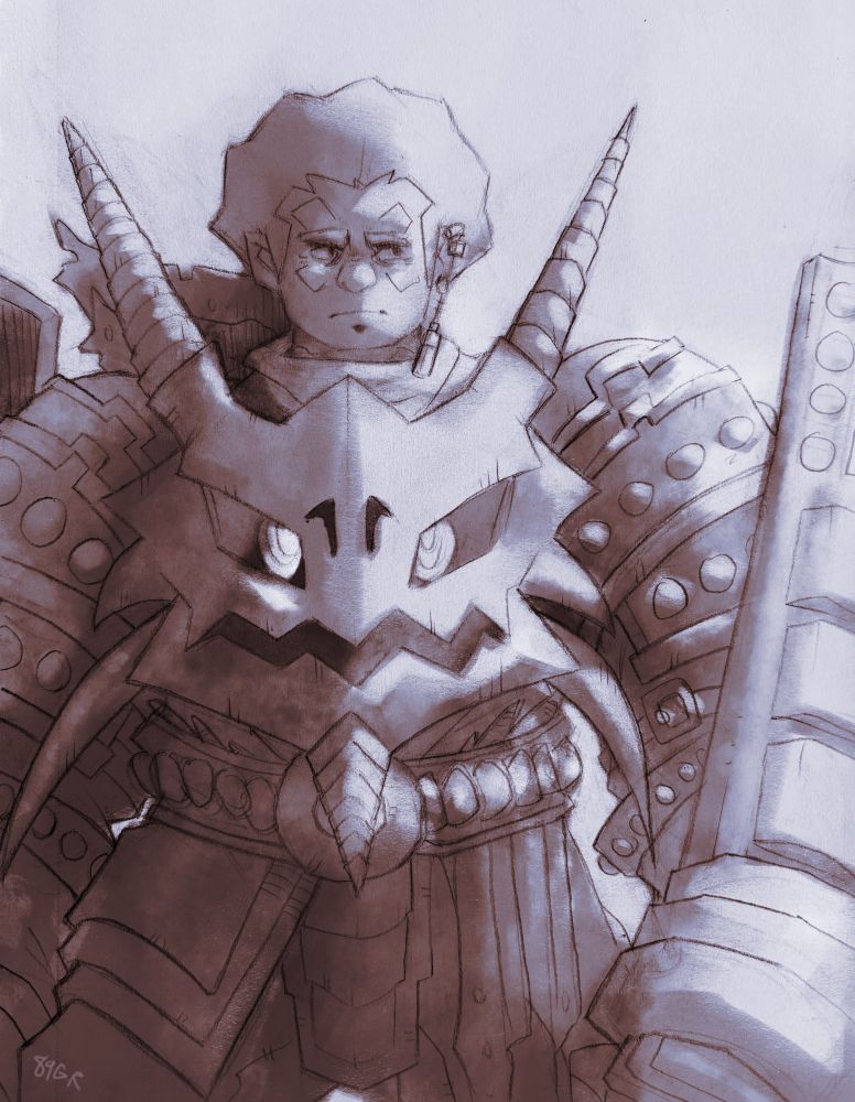 Milan facing the viewer with his eyes looking off to the right. The off-screen sun lights him up and shadows the other half of him. Milan's chest is covered by a "chestplate" of a dragon's head with two horns, a jagged mouth, and catfish-esque "whiskers" coming out of its sides. Milan is wearing thick armor with multiple metallic layers adorned with round studs and a large rectangular shield on his arm. On his left ear, he has 2 ringed earrings and 1 long, dangling earring.