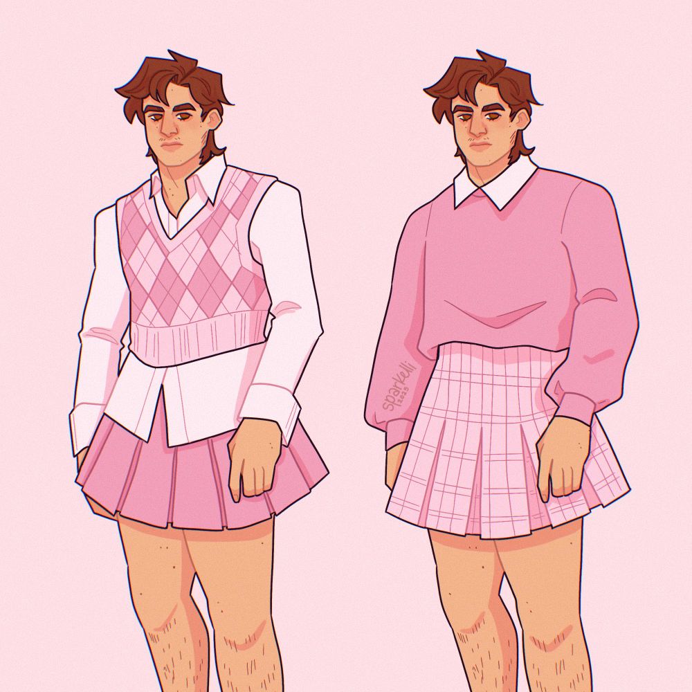 Steve Harrington from stranger things drawn twice in two different pink preppy outfits. 