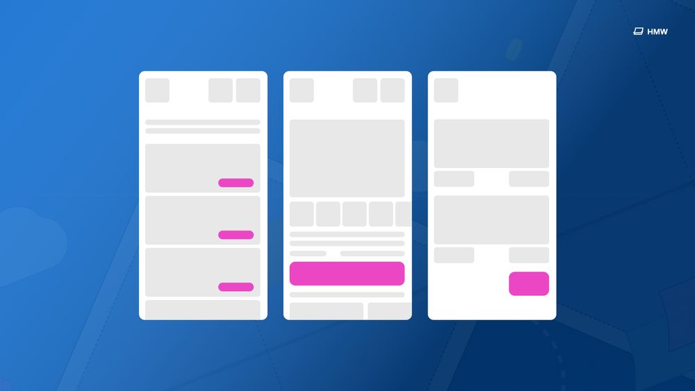 Three white smartphone mockups on a blue gradient background, each showing a different wireframe layout: the left one lists grey content blocks with pink pill-shaped buttons; the centre has a large media area, smaller cards and a bold pink call-to-action; the right stacks content panels with a pink button at the bottom.
