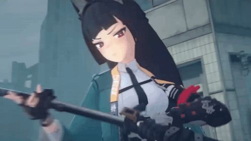 a anime girl is holding a gun in front of a building in a video game .