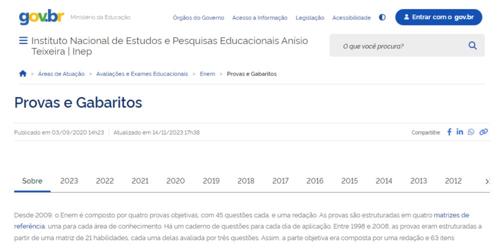 Provas e Gabaritos do ENEM de 1998 a 2023 na plataforma do INEP [para exercitar para a edição 2024]