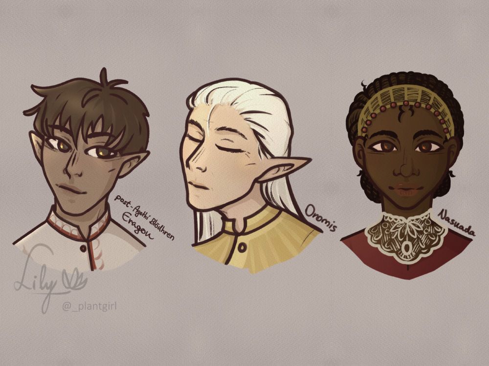 Young elven boy with hay colored hair, elderly elven man with starlight hair, young black woman with elegant hair and lace accessories