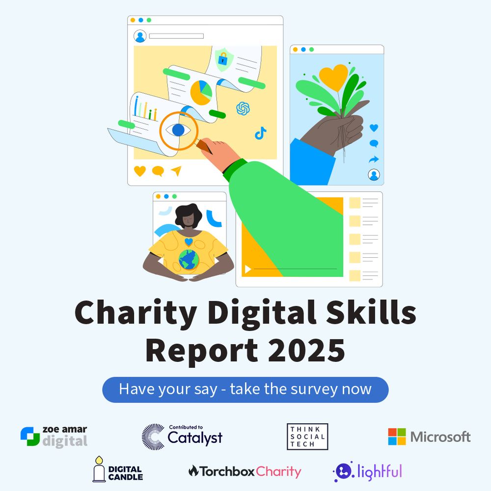 The report logo on a blue background with drawings of graphs, charts and a woman holding a globe. Underneath are the logos of Zoe Amar Digital Catalyst Think Social Tech Microsoft Digital Candle Torchbox and Lightful. 