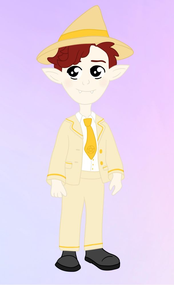 Illustration of Halley wearing a witchy school uniform that’s cream and gold. He has auburn hair and little fangs. 