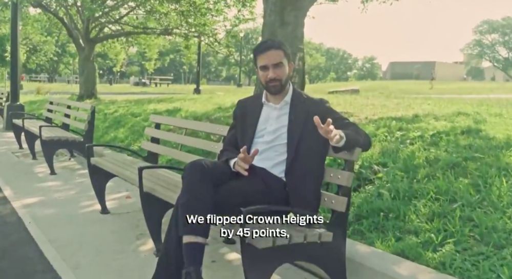 Still frame from Zohran Mamdani's campaign video with the subtitle "We flipped Crown Heights by 45 points"