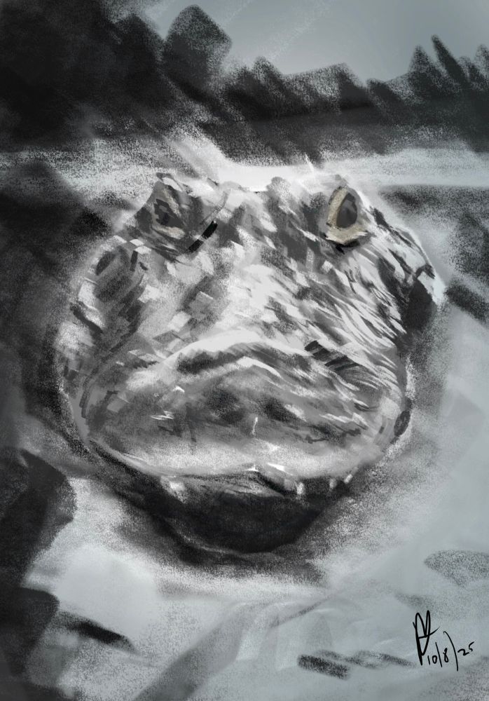 A black and white digital painting of a crocodile submerged in the water looking at you
