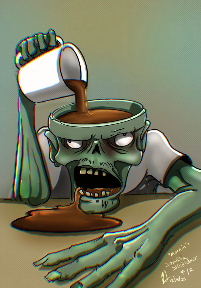 A cartoon zombie is slumped, tired, over a desk the top of its head is missing and the creature is pouring coffee into the top of its skull. 