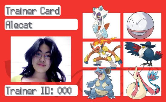 Trainer card for "Alecat", Trainer ID: 000.
A team made up of Froslass, Electrode, Infernape, Honchkrow, Nidoqueen and Milotic is displayed alongside a photo of this account's owner.