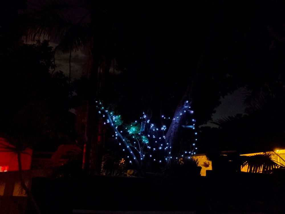 Christmas lights versus neighbours' lights. Looks like a scene from a horror movie. 