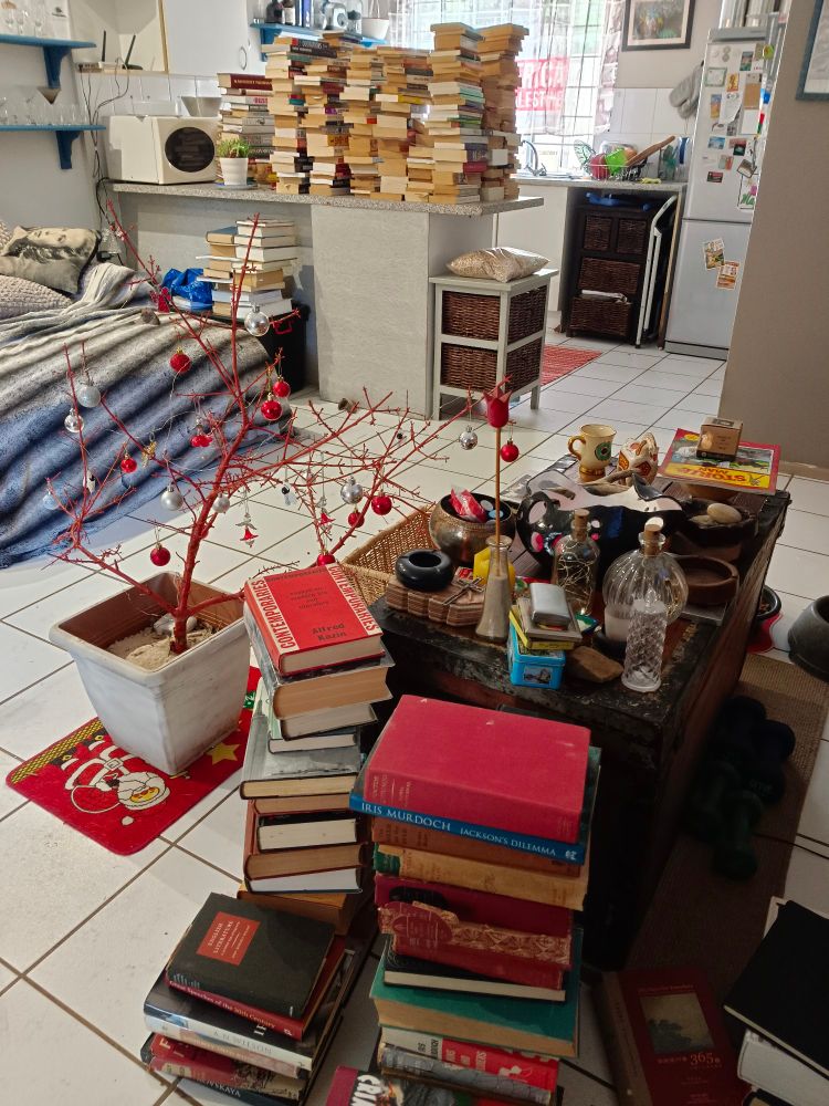 Tiny apartment full of book chaos because someone decided it was a good idea to sort out their books. 