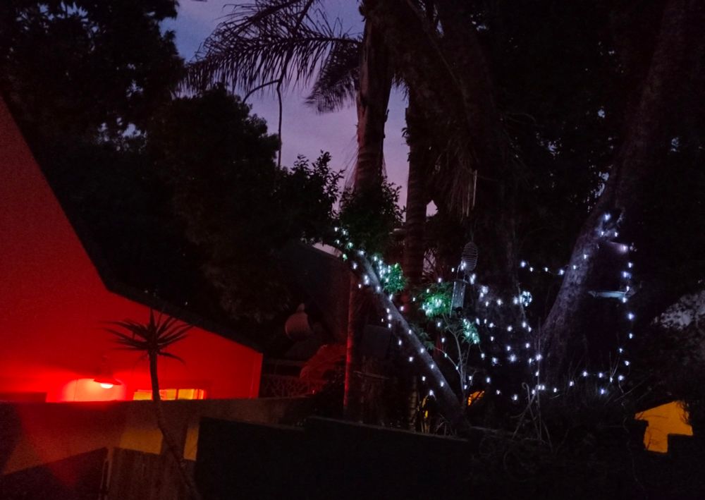 Christmas lights versus red light at neighbours' entrance. 