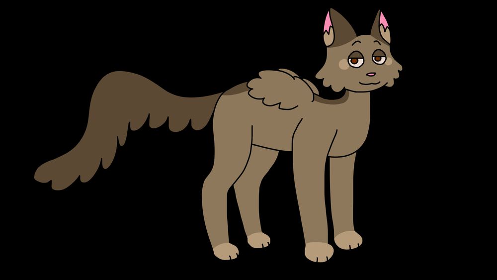 A light brown cat with small wings and a dark brown stripe going from their ears to the tip of their tail across their back. They have amber eyes, lighter colored cheeks, and a smug expression.