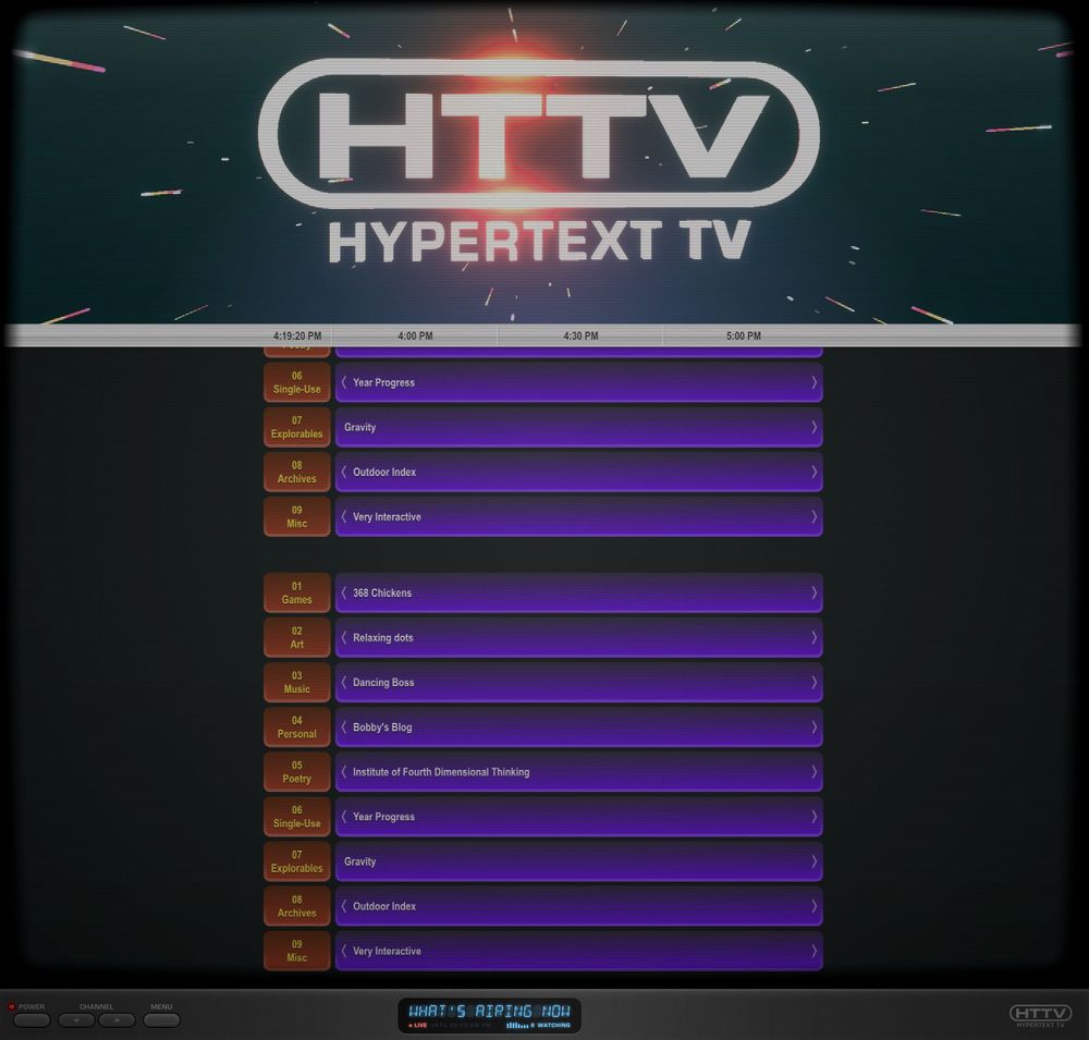 screenshot of homepage which looks like a old style TV from the 80s or 90s.