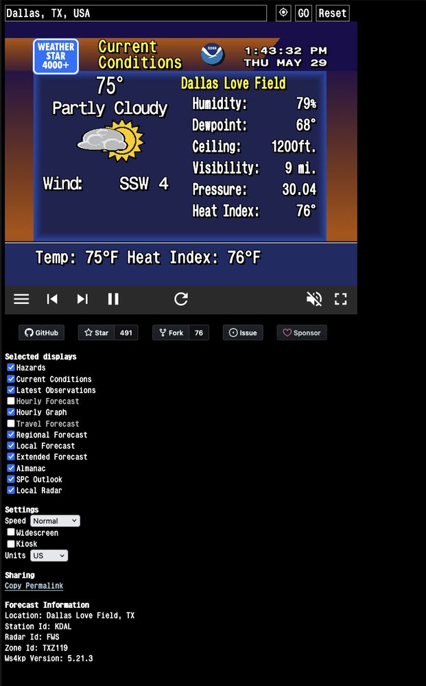 Screenshot of the weather graphics for Dallas, Tx