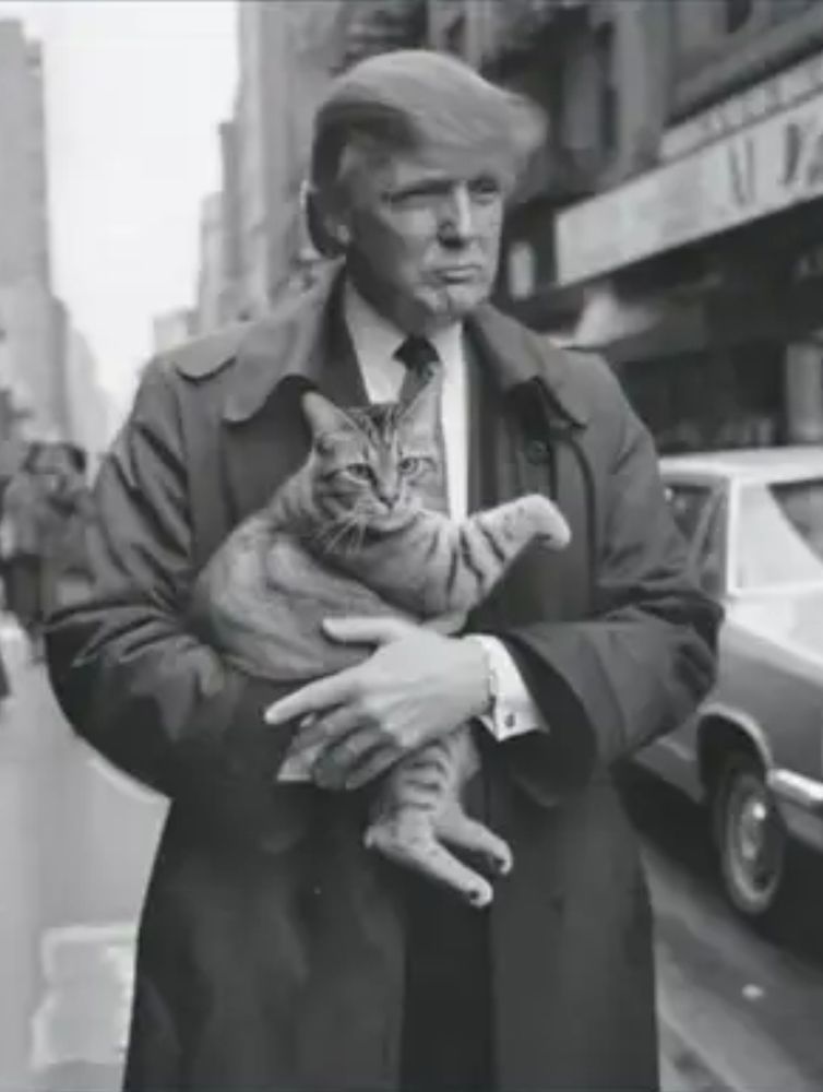 Black and white photo of Trump walking on a city sidewalk holding a cat. In reference to his Hollywood Acess scandal when he was secretly recorded stating he just grabs women by their pussy. 